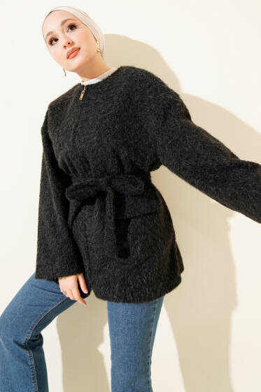 Fermuarlı Kuşaklı Keçe Ceket Siyah - Ceket