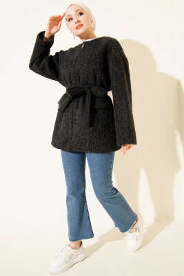 Fermuarlı Kuşaklı Keçe Ceket Siyah - Ceket
