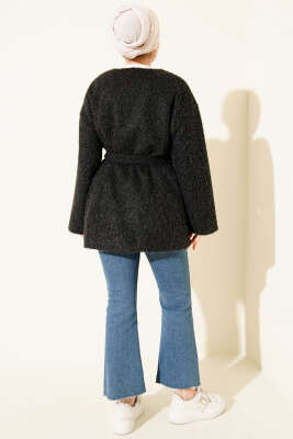 Fermuarlı Kuşaklı Keçe Ceket Siyah - Ceket