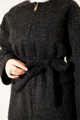 Fermuarlı Kuşaklı Keçe Ceket Siyah - Ceket