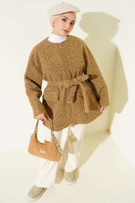 Fermuarlı Kuşaklı Keçe Ceket Taba - HEWES