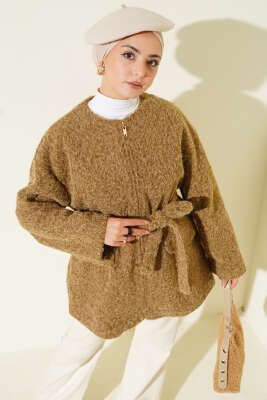 Fermuarlı Kuşaklı Keçe Ceket Taba - Ceket