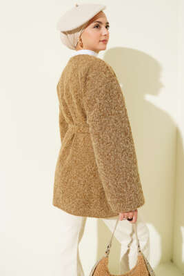 Fermuarlı Kuşaklı Keçe Ceket Taba - Ceket