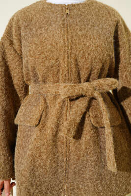 Fermuarlı Kuşaklı Keçe Ceket Taba - Ceket