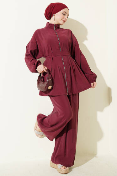 Fermuarlı Kuşaklı Modal İkili Takım Bordo - İkili Takım