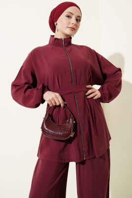 Fermuarlı Kuşaklı Modal İkili Takım Bordo - İkili Takım