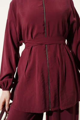 Fermuarlı Kuşaklı Modal İkili Takım Bordo - İkili Takım