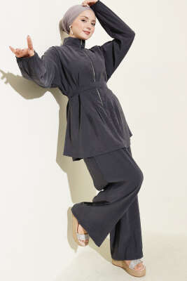 Fermuarlı Kuşaklı Modal İkili Takım Füme - NESSİA