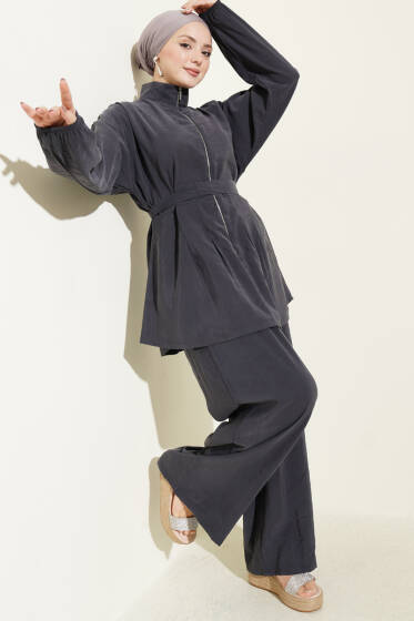 Fermuarlı Kuşaklı Modal İkili Takım Füme - İkili Takım