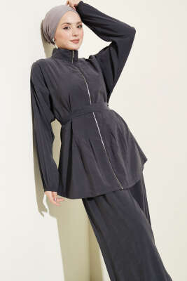 Fermuarlı Kuşaklı Modal İkili Takım Füme - İkili Takım