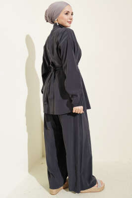 Fermuarlı Kuşaklı Modal İkili Takım Füme - İkili Takım