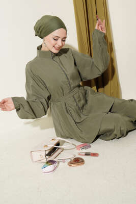 Fermuarlı Kuşaklı Modal İkili Takım Haki - NESSİA