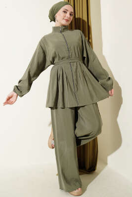 Fermuarlı Kuşaklı Modal İkili Takım Haki - İkili Takım