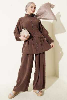 Fermuarlı Kuşaklı Modal İkili Takım Kahve - NESSİA