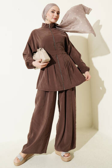 Fermuarlı Kuşaklı Modal İkili Takım Kahve - İkili Takım