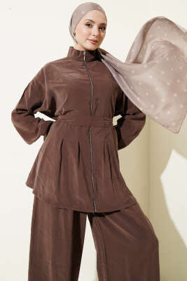 Fermuarlı Kuşaklı Modal İkili Takım Kahve - İkili Takım