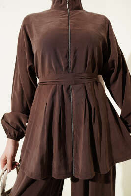 Fermuarlı Kuşaklı Modal İkili Takım Kahve - İkili Takım