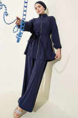 Fermuarlı Kuşaklı Modal İkili Takım Lacivert - NESSİA