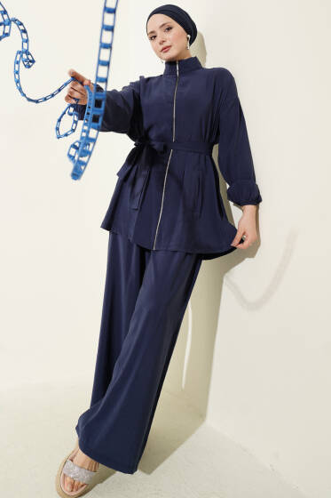 Fermuarlı Kuşaklı Modal İkili Takım Lacivert - İkili Takım