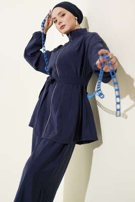 Fermuarlı Kuşaklı Modal İkili Takım Lacivert - İkili Takım
