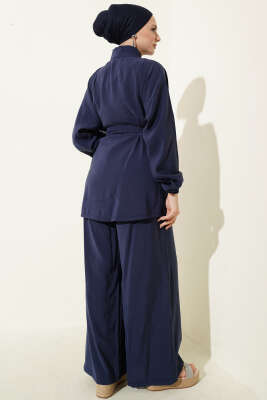 Fermuarlı Kuşaklı Modal İkili Takım Lacivert - İkili Takım