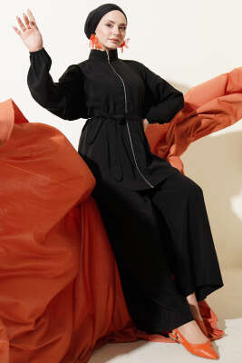 Fermuarlı Kuşaklı Modal İkili Takım Siyah - NESSİA