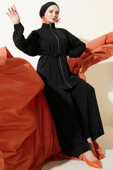 Fermuarlı Kuşaklı Modal İkili Takım Siyah - İkili Takım