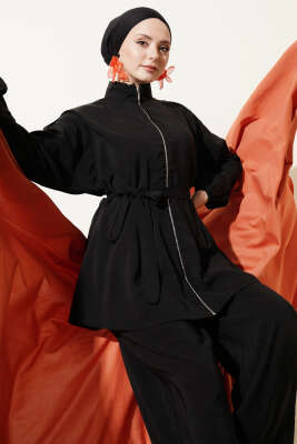 Fermuarlı Kuşaklı Modal İkili Takım Siyah - İkili Takım