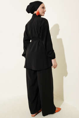 Fermuarlı Kuşaklı Modal İkili Takım Siyah - İkili Takım