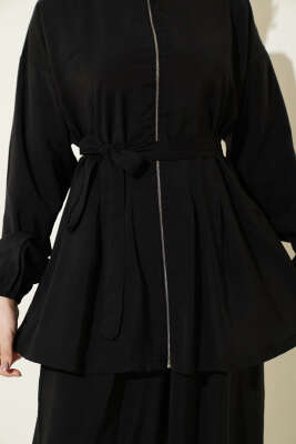 Fermuarlı Kuşaklı Modal İkili Takım Siyah - İkili Takım