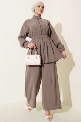 Fermuarlı Kuşaklı Modal İkili Takım Vizon - NESSİA