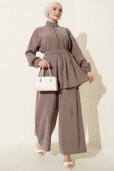 Fermuarlı Kuşaklı Modal İkili Takım Vizon - İkili Takım