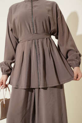 Fermuarlı Kuşaklı Modal İkili Takım Vizon - İkili Takım