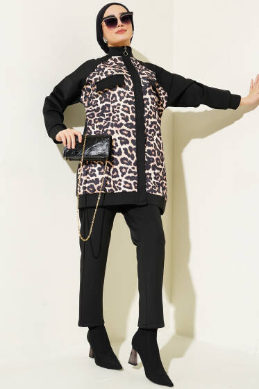 Fermuarlı Leopar Desen Scuba İkili Takım Leopar - İkili Takım