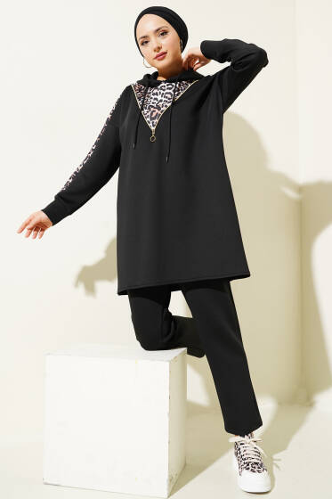 Fermuarlı Leopar Desenli Scuba İkili Takım Siyah - İkili Takım