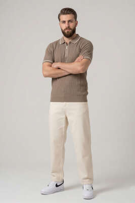 Fermuarlı Merserize T-shirt Açık Kahve - Erkek T-shirt