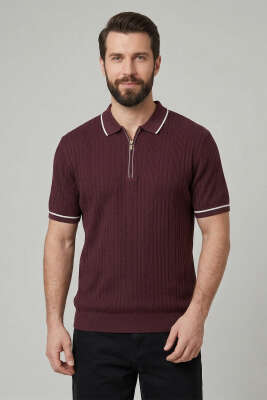 Fermuarlı Merserize T-shirt Bordo 