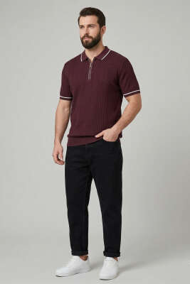Fermuarlı Merserize T-shirt Bordo - Yılın Fırsatı