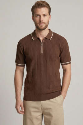 Fermuarlı Merserize T-shirt Kahve 