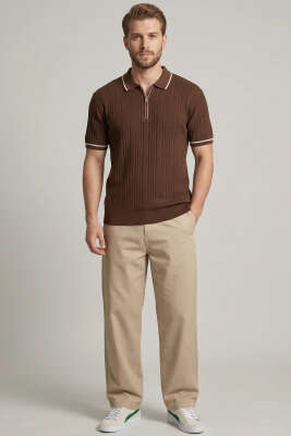 Fermuarlı Merserize T-shirt Kahve - Erkek T-shirt