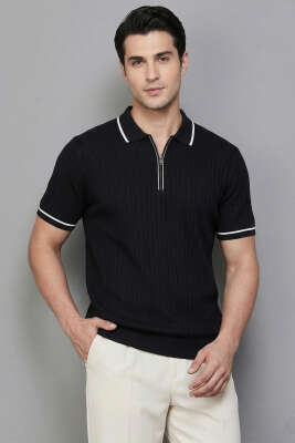 Fermuarlı Merserize T-shirt Siyah - Erkek T-shirt