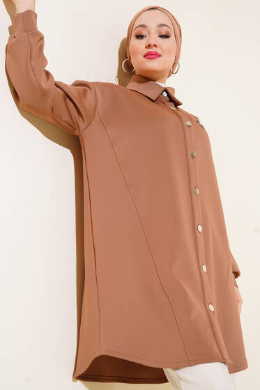 Fermuarlı Metal Düğmeli Scuba Tunik Camel - Tunik