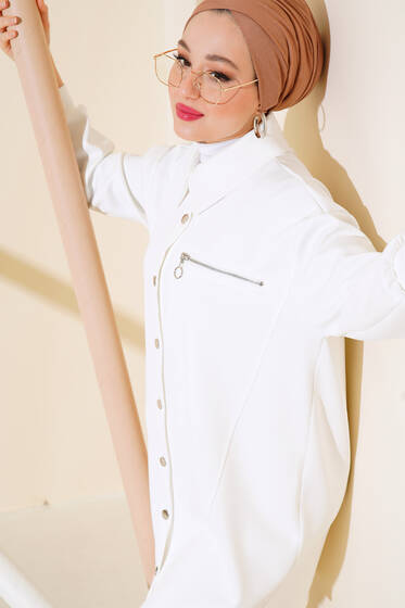 Fermuarlı Metal Düğmeli Scuba Tunik Ekru - Tunik