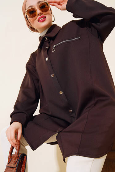 Fermuarlı Metal Düğmeli Scuba Tunik Kahve - Tunik