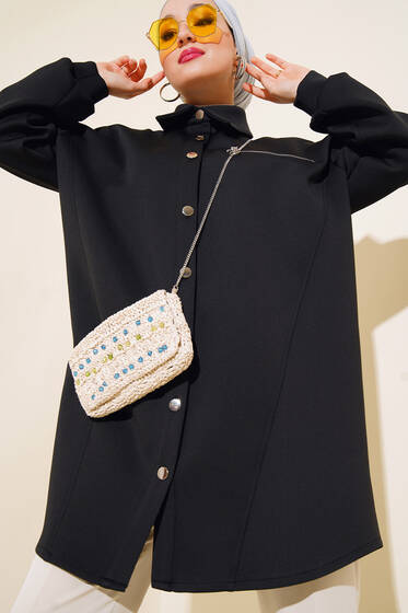 Fermuarlı Metal Düğmeli Scuba Tunik Siyah - Tunik