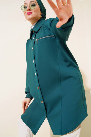 Fermuarlı Metal Düğmeli Scuba Tunik Zümrüt Yeşili - Tunik