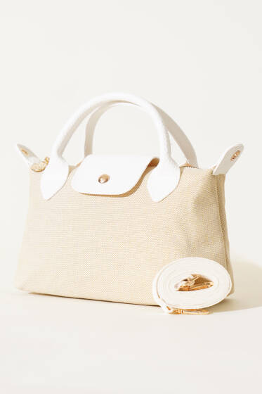 Fermuarlı Mıknatıs Detaylı Hasır Çanta Beyaz - Kol Çantası