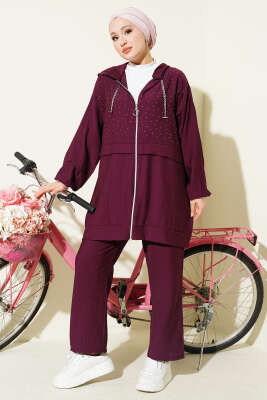 Fermuarlı Mini Taş Süslemeli İkili Takım Burgonya - İkili Takım