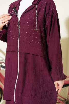 Fermuarlı Mini Taş Süslemeli İkili Takım Burgonya - İkili Takım