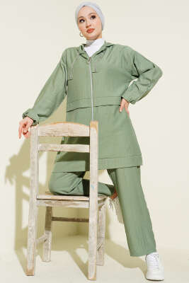 Fermuarlı Mini Taş Süslemeli İkili Takım Çağla Yeşili 